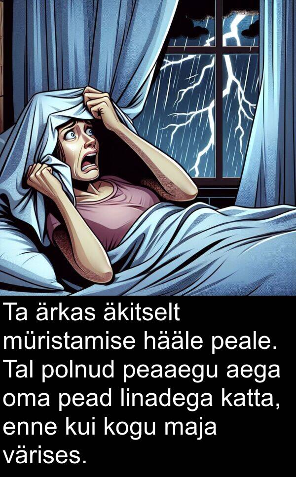 aega: Ta ärkas äkitselt müristamise hääle peale. Tal polnud peaaegu aega oma pead linadega katta, enne kui kogu maja värises.