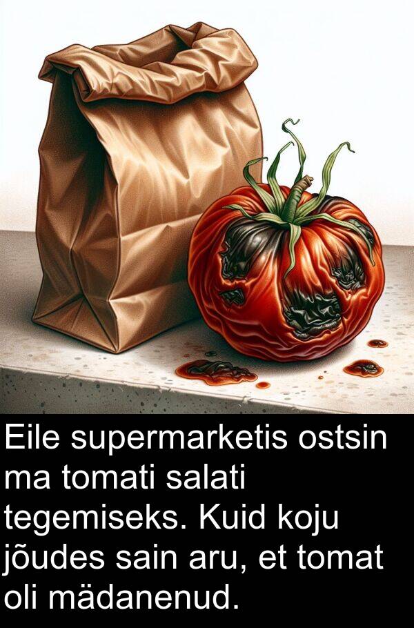 sain: Eile supermarketis ostsin ma tomati salati tegemiseks. Kuid koju jõudes sain aru, et tomat oli mädanenud.