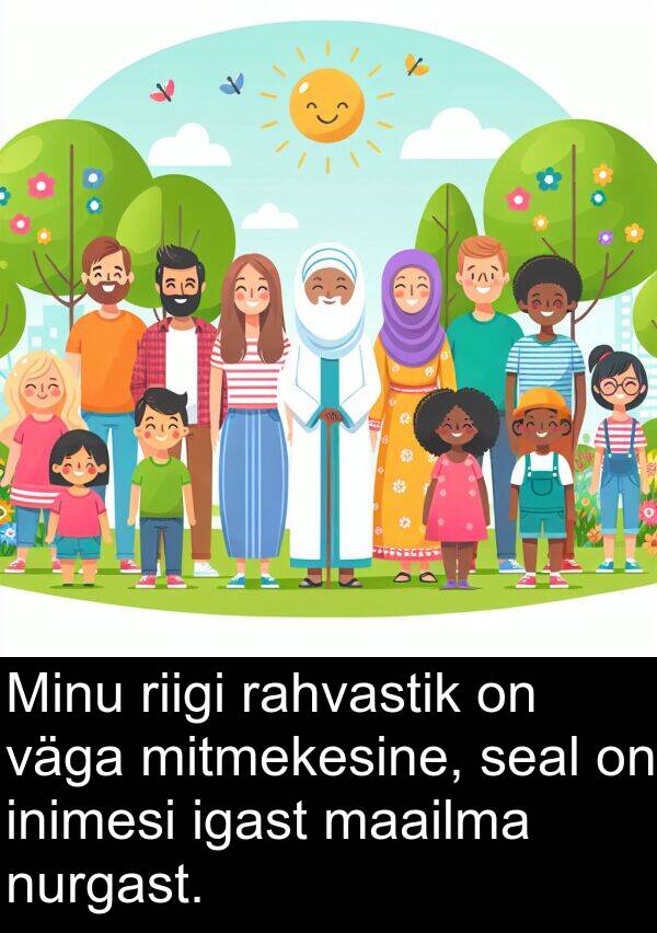 maailma: Minu riigi rahvastik on väga mitmekesine, seal on inimesi igast maailma nurgast.