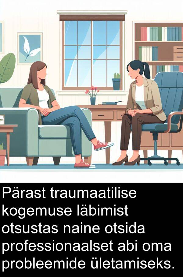 ületamiseks: Pärast traumaatilise kogemuse läbimist otsustas naine otsida professionaalset abi oma probleemide ületamiseks.