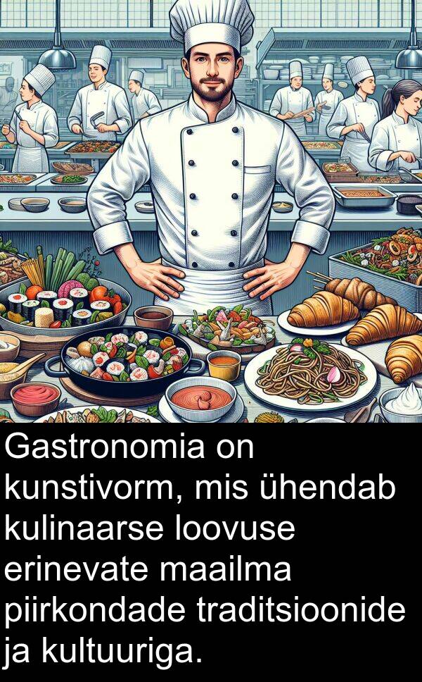 ühendab: Gastronomia on kunstivorm, mis ühendab kulinaarse loovuse erinevate maailma piirkondade traditsioonide ja kultuuriga.