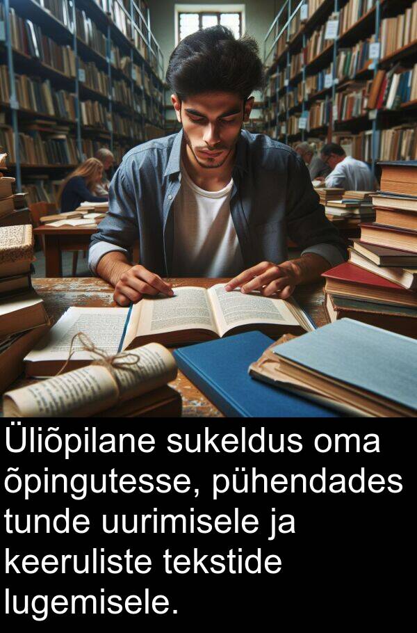 uurimisele: Üliõpilane sukeldus oma õpingutesse, pühendades tunde uurimisele ja keeruliste tekstide lugemisele.