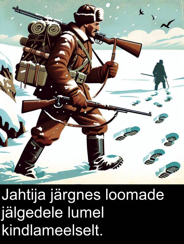 loomade: Jahtija järgnes loomade jälgedele lumel kindlameelselt.