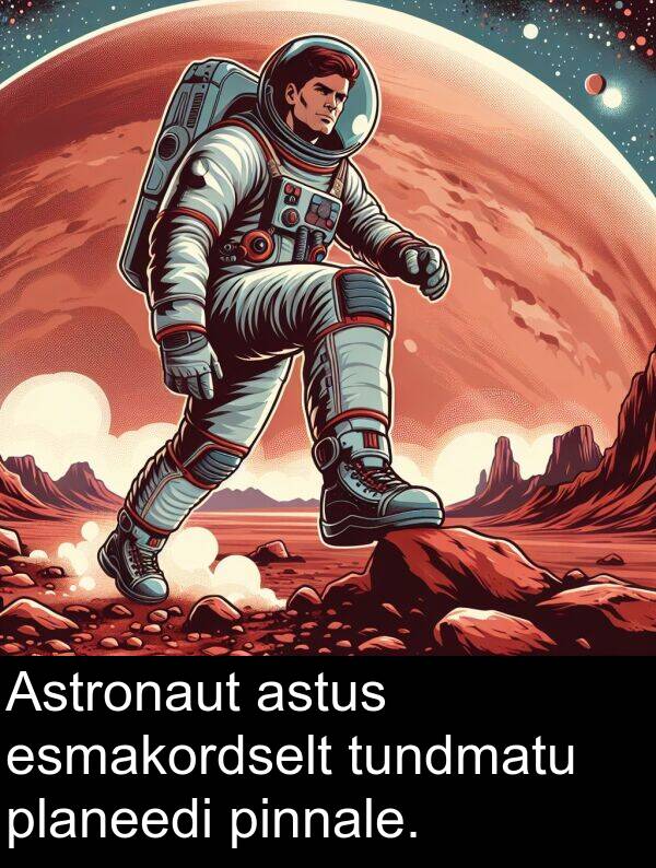 astus: Astronaut astus esmakordselt tundmatu planeedi pinnale.