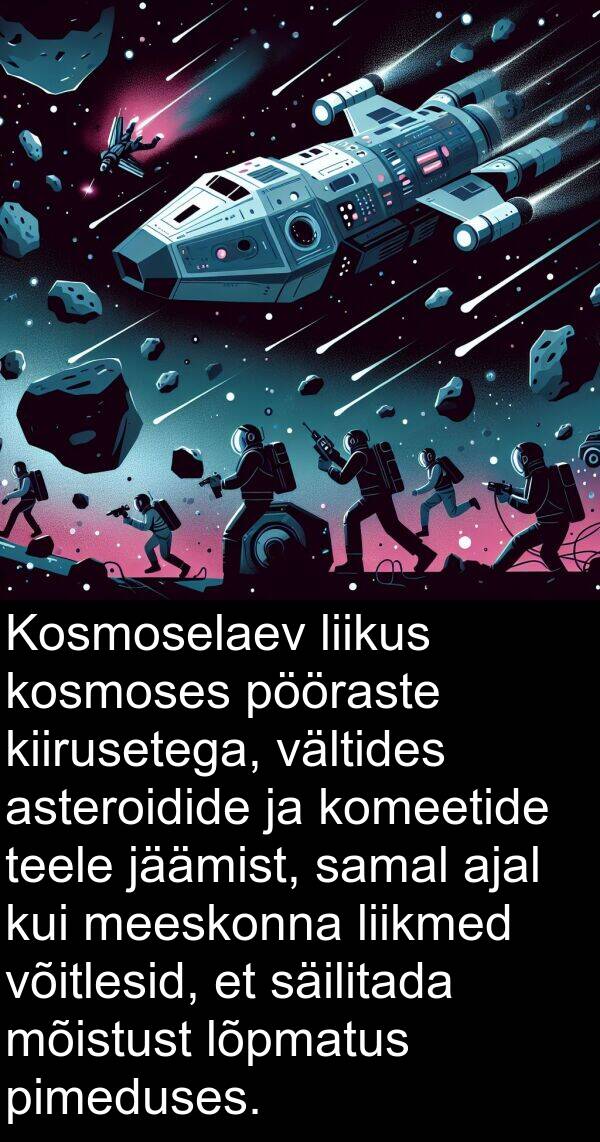 teele: Kosmoselaev liikus kosmoses pööraste kiirusetega, vältides asteroidide ja komeetide teele jäämist, samal ajal kui meeskonna liikmed võitlesid, et säilitada mõistust lõpmatus pimeduses.