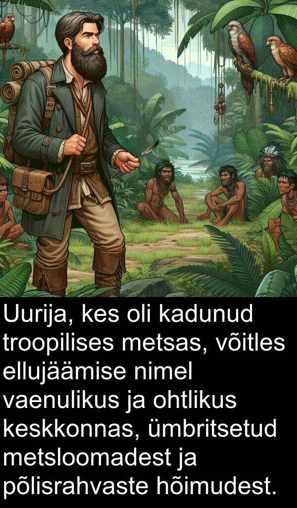 kadunud: Uurija, kes oli kadunud troopilises metsas, võitles ellujäämise nimel vaenulikus ja ohtlikus keskkonnas, ümbritsetud metsloomadest ja põlisrahvaste hõimudest.