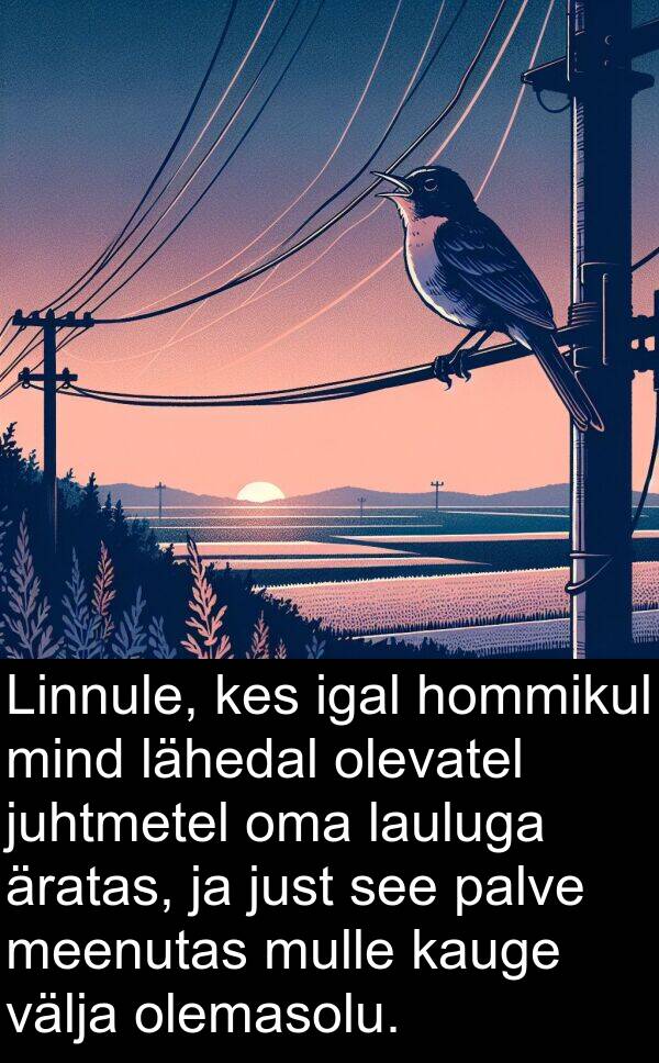 just: Linnule, kes igal hommikul mind lähedal olevatel juhtmetel oma lauluga äratas, ja just see palve meenutas mulle kauge välja olemasolu.