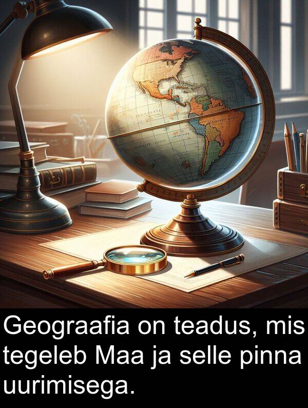 uurimisega: Geograafia on teadus, mis tegeleb Maa ja selle pinna uurimisega.