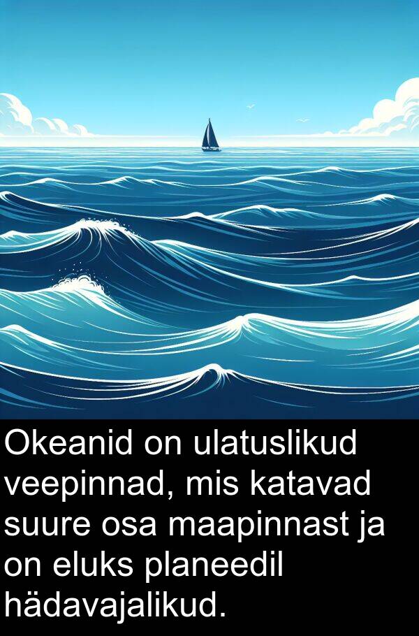 ulatuslikud: Okeanid on ulatuslikud veepinnad, mis katavad suure osa maapinnast ja on eluks planeedil hädavajalikud.