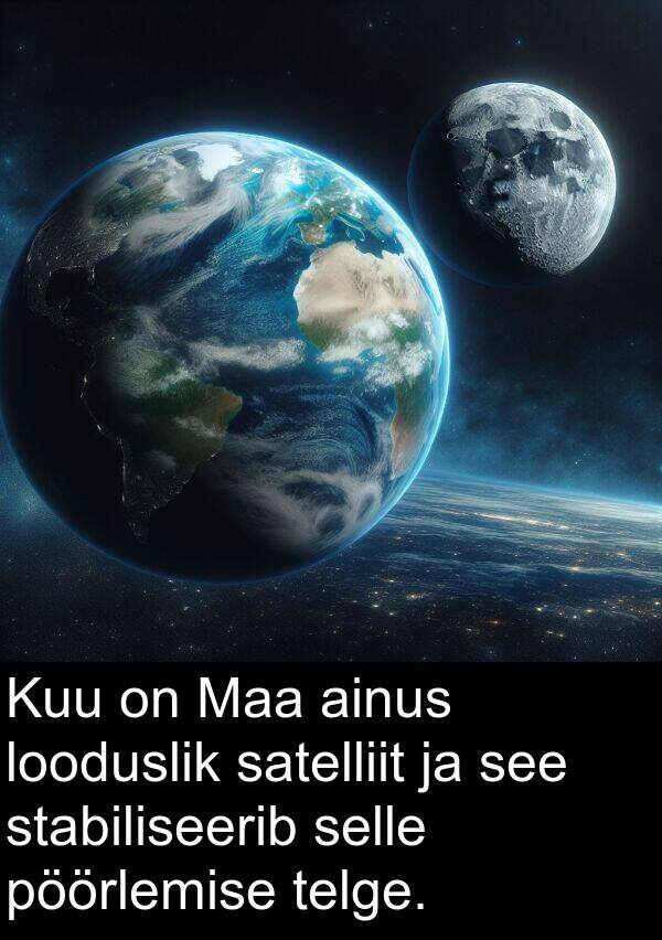 ainus: Kuu on Maa ainus looduslik satelliit ja see stabiliseerib selle pöörlemise telge.