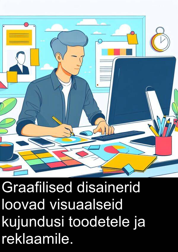 loovad: Graafilised disainerid loovad visuaalseid kujundusi toodetele ja reklaamile.