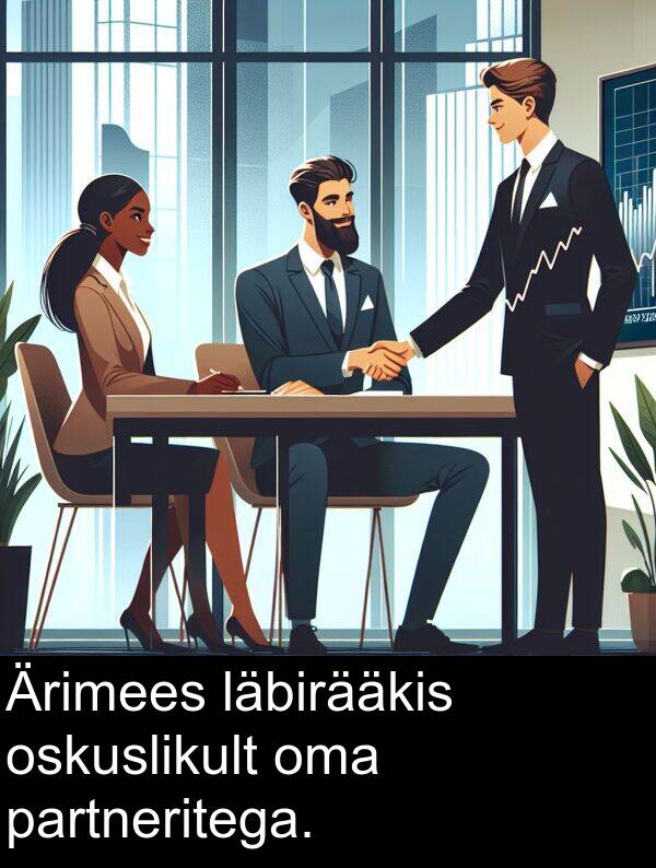 oskuslikult: Ärimees läbirääkis oskuslikult oma partneritega.