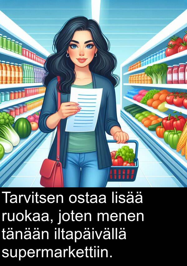 ruokaa: Tarvitsen ostaa lisää ruokaa, joten menen tänään iltapäivällä supermarkettiin.