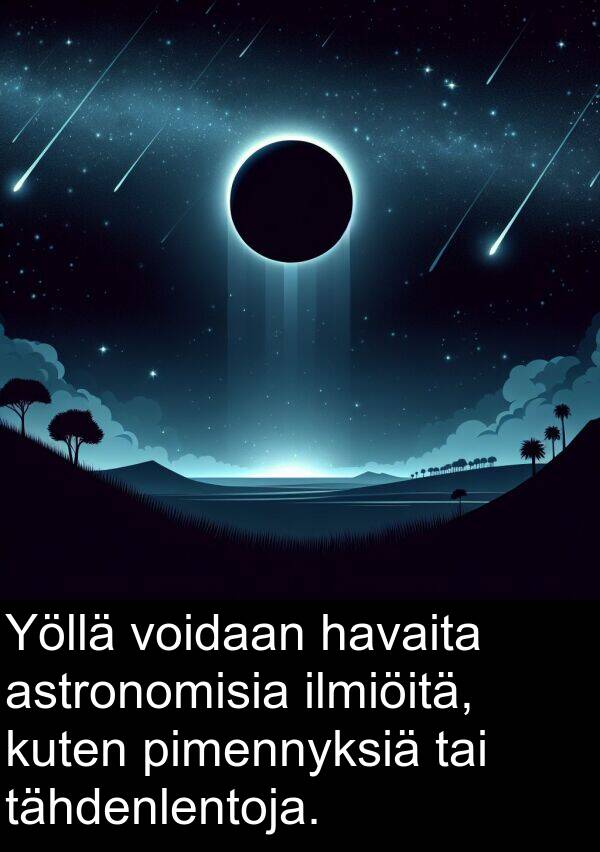 voidaan: Yöllä voidaan havaita astronomisia ilmiöitä, kuten pimennyksiä tai tähdenlentoja.