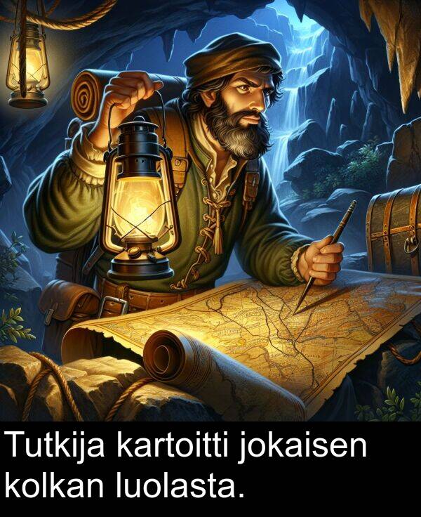 jokaisen: Tutkija kartoitti jokaisen kolkan luolasta.