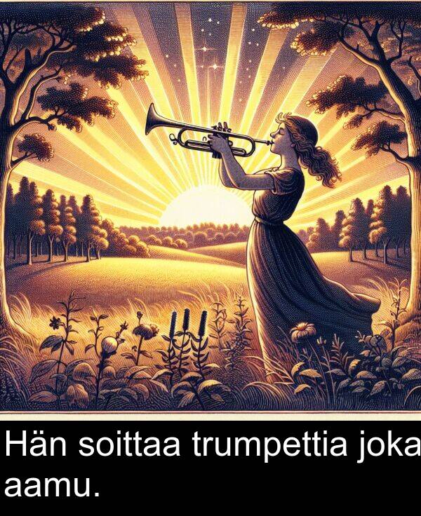 aamu: Hän soittaa trumpettia joka aamu.