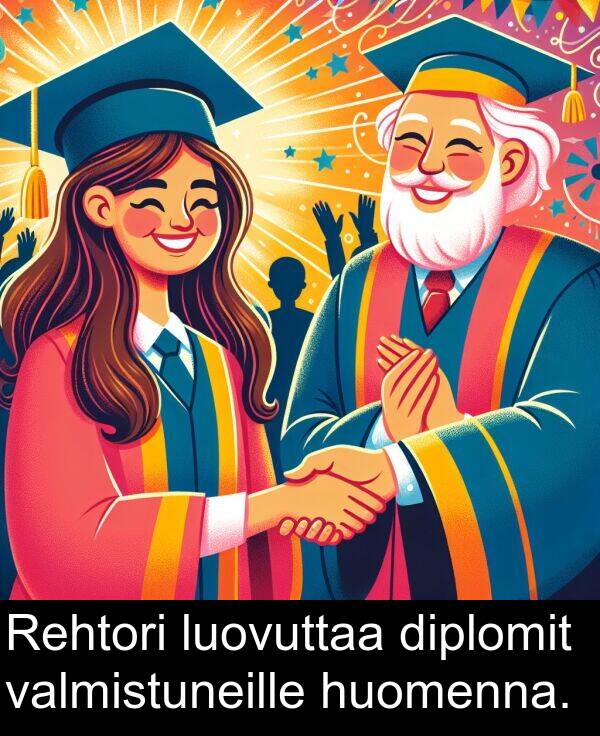 diplomit: Rehtori luovuttaa diplomit valmistuneille huomenna.