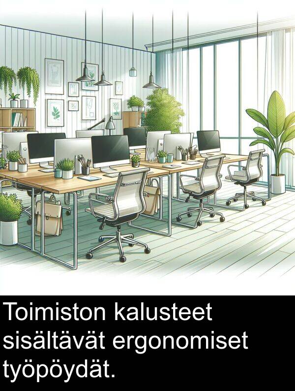 ergonomiset: Toimiston kalusteet sisältävät ergonomiset työpöydät.