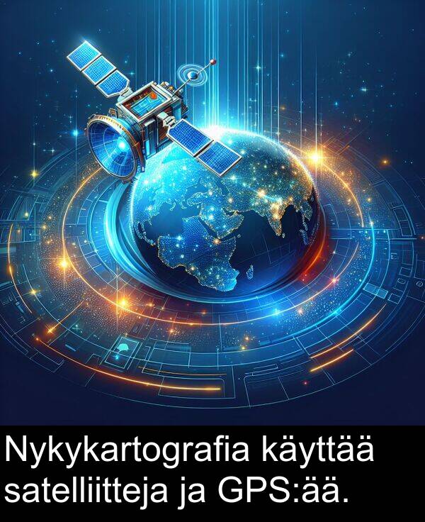 satelliitteja: Nykykartografia käyttää satelliitteja ja GPS:ää.