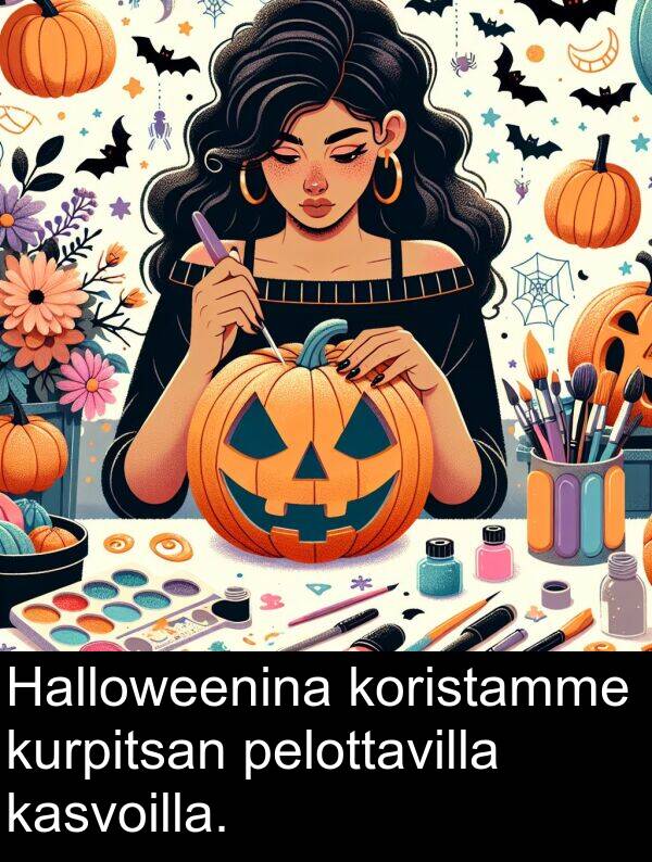 pelottavilla: Halloweenina koristamme kurpitsan pelottavilla kasvoilla.