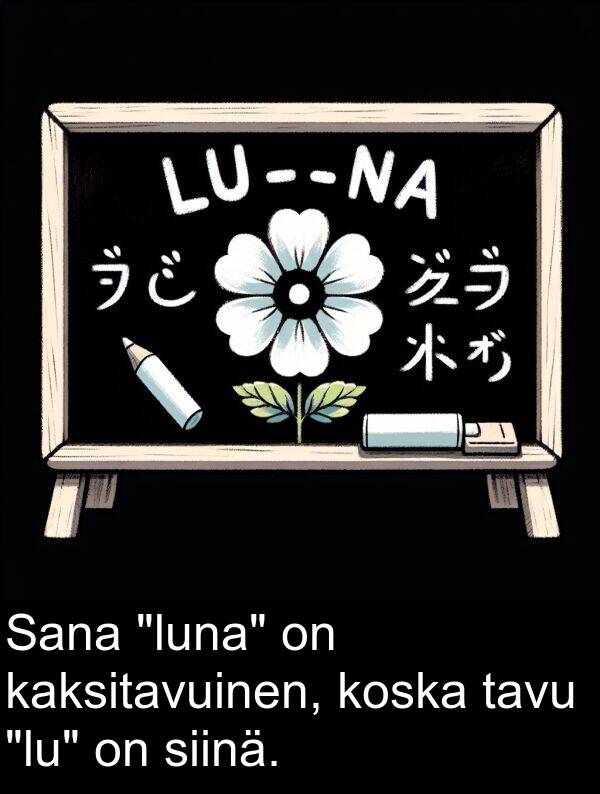 kaksitavuinen: Sana "luna" on kaksitavuinen, koska tavu "lu" on siinä.