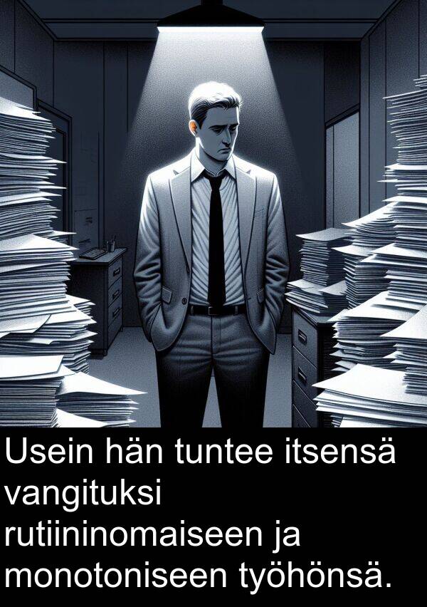 vangituksi: Usein hän tuntee itsensä vangituksi rutiininomaiseen ja monotoniseen työhönsä.