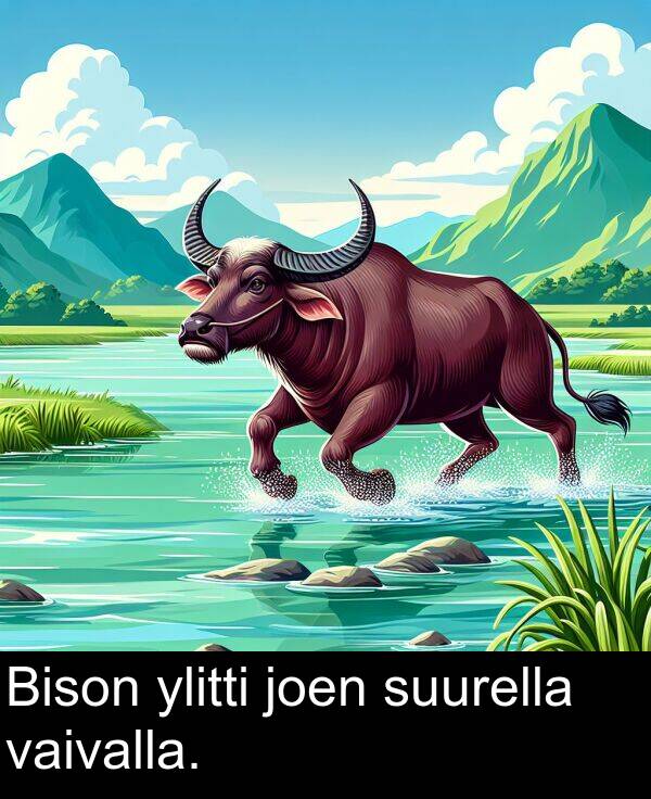 suurella: Bison ylitti joen suurella vaivalla.