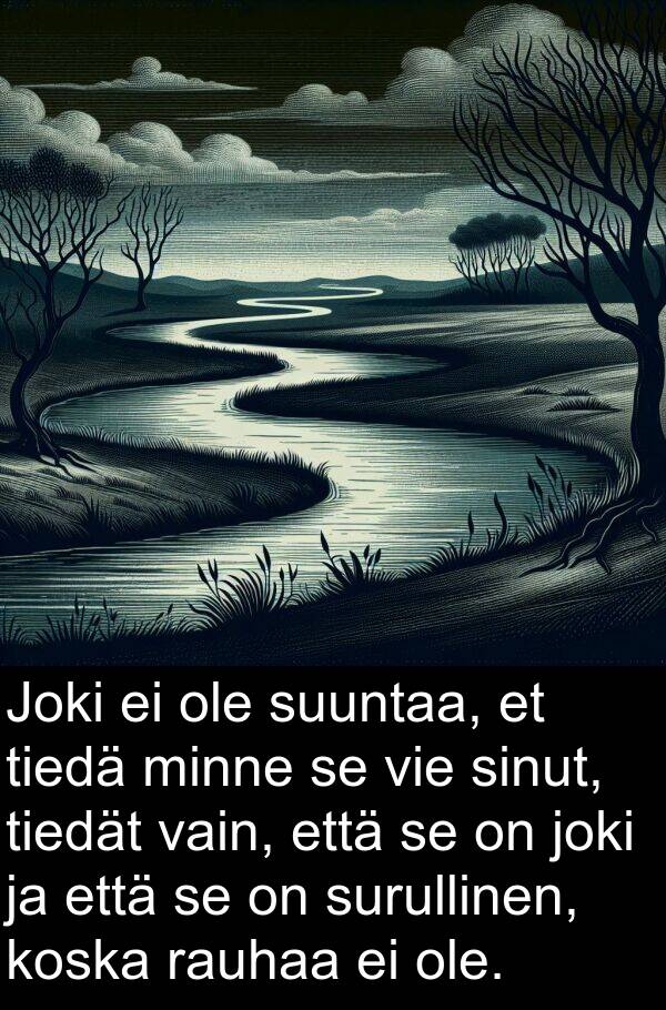 sinut: Joki ei ole suuntaa, et tiedä minne se vie sinut, tiedät vain, että se on joki ja että se on surullinen, koska rauhaa ei ole.