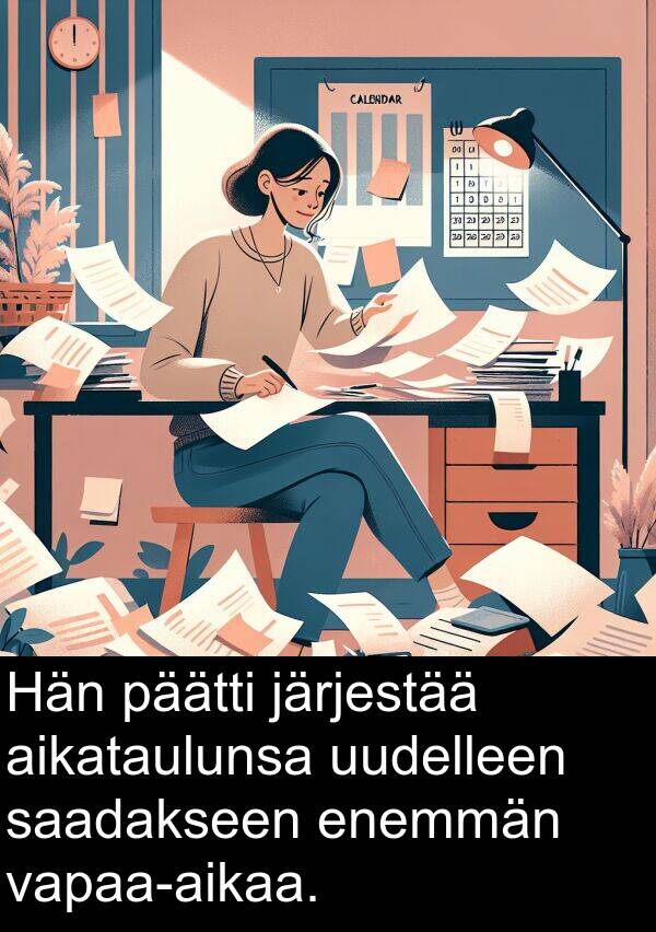 saadakseen: Hän päätti järjestää aikataulunsa uudelleen saadakseen enemmän vapaa-aikaa.