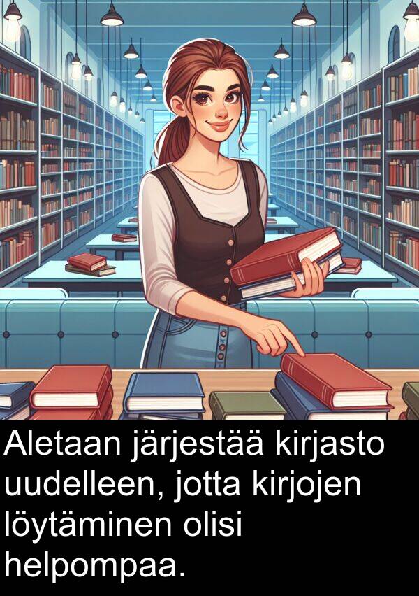 jotta: Aletaan järjestää kirjasto uudelleen, jotta kirjojen löytäminen olisi helpompaa.