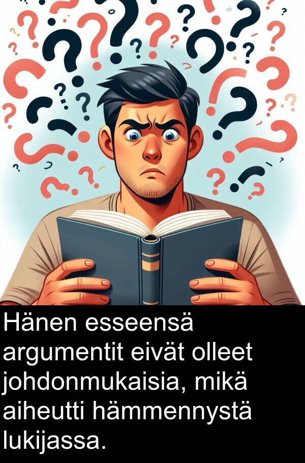 eivät: Hänen esseensä argumentit eivät olleet johdonmukaisia, mikä aiheutti hämmennystä lukijassa.