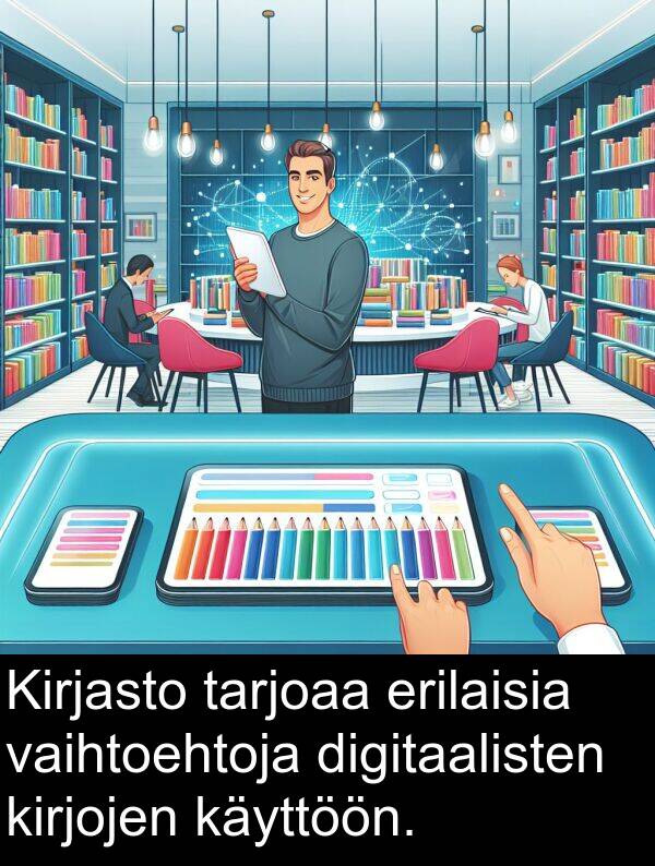 digitaalisten: Kirjasto tarjoaa erilaisia vaihtoehtoja digitaalisten kirjojen käyttöön.