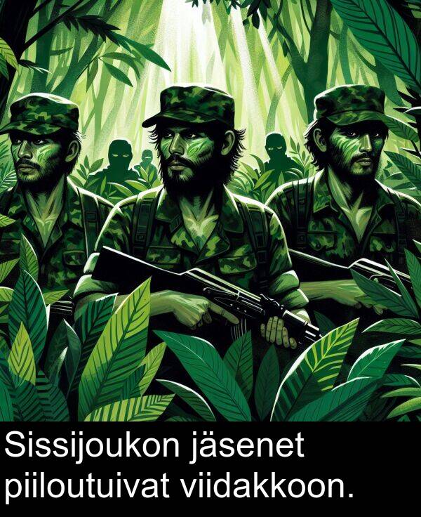 jäsenet: Sissijoukon jäsenet piiloutuivat viidakkoon.