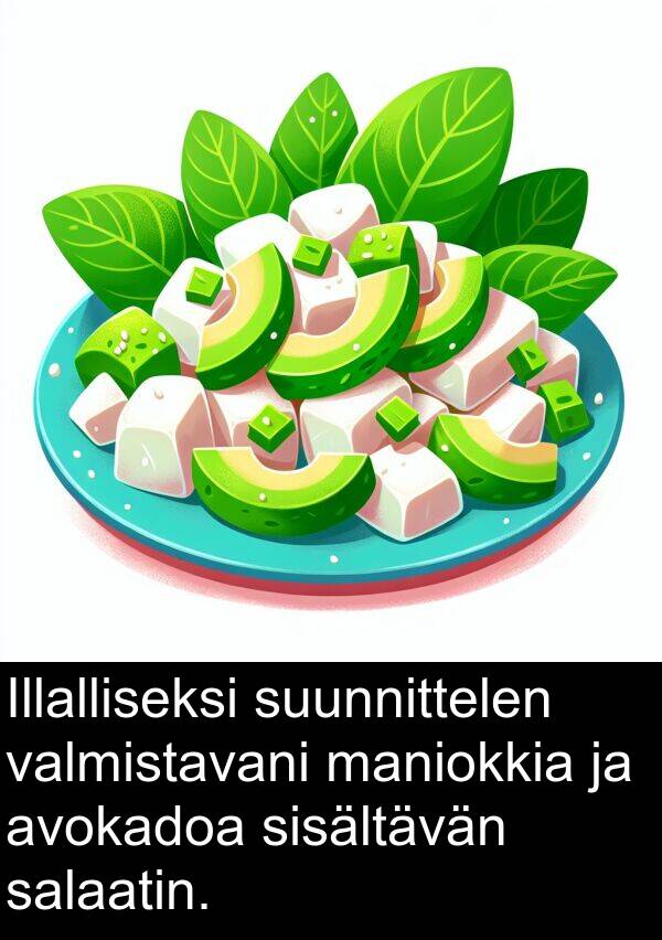 sisältävän: Illalliseksi suunnittelen valmistavani maniokkia ja avokadoa sisältävän salaatin.