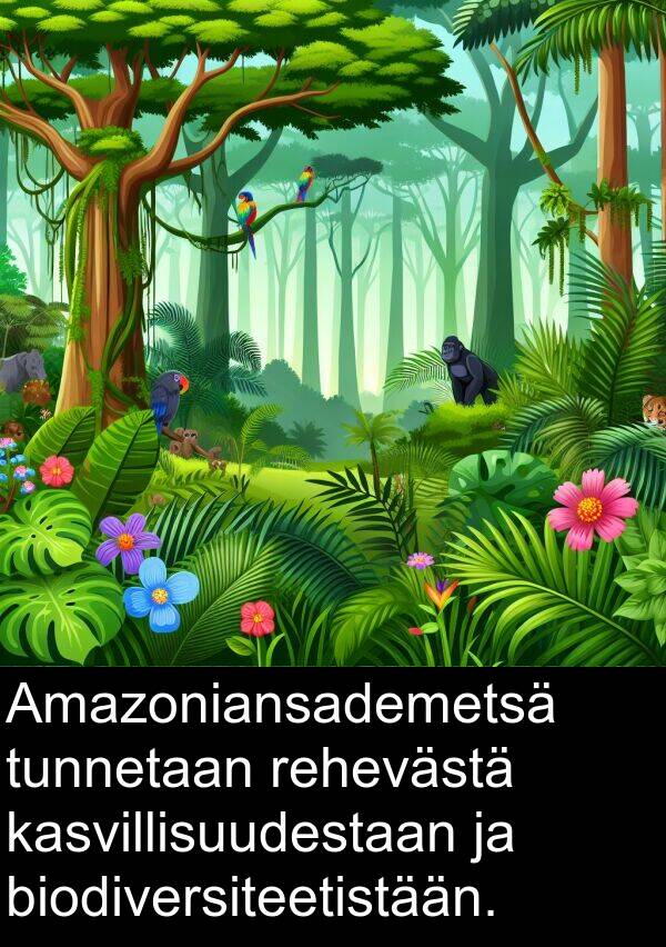 biodiversiteetistään: Amazoniansademetsä tunnetaan rehevästä kasvillisuudestaan ja biodiversiteetistään.