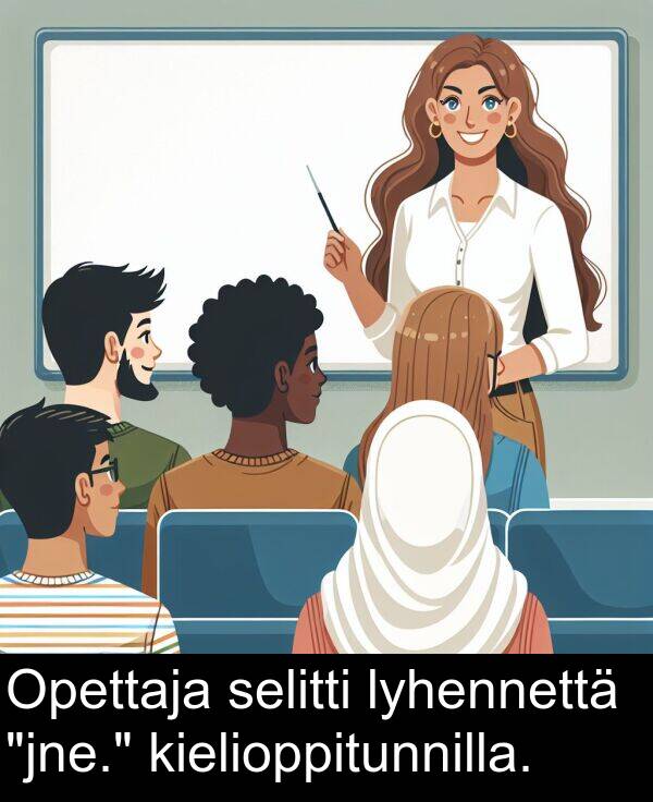 lyhennettä: Opettaja selitti lyhennettä "jne." kielioppitunnilla.