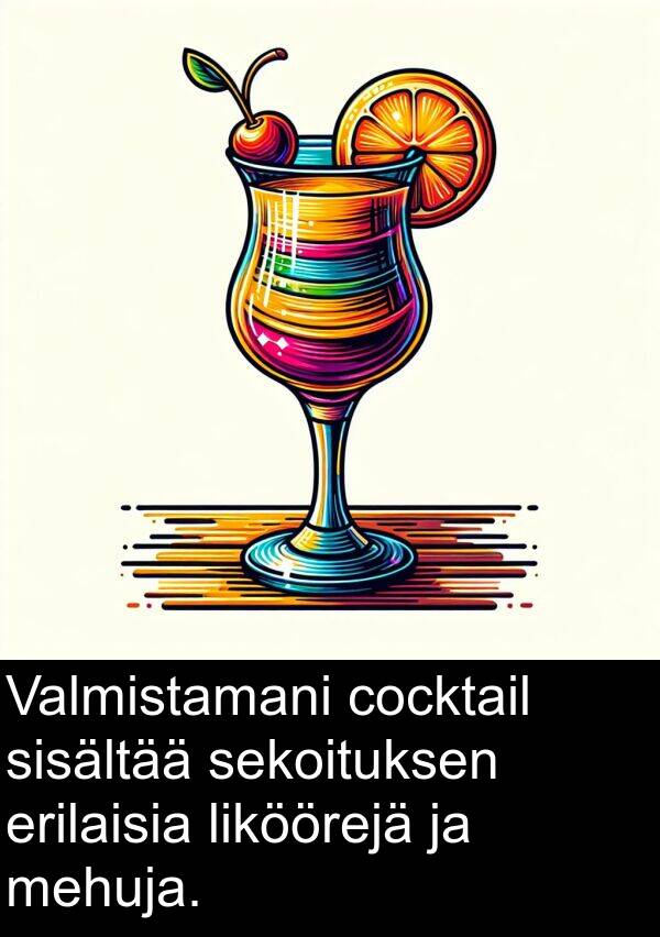 cocktail: Valmistamani cocktail sisältää sekoituksen erilaisia liköörejä ja mehuja.