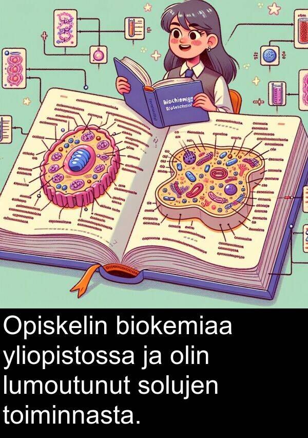 biokemiaa: Opiskelin biokemiaa yliopistossa ja olin lumoutunut solujen toiminnasta.