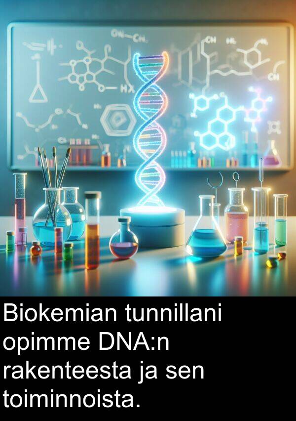 sen: Biokemian tunnillani opimme DNA:n rakenteesta ja sen toiminnoista.