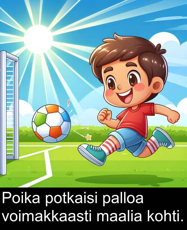 maalia: Poika potkaisi palloa voimakkaasti maalia kohti.