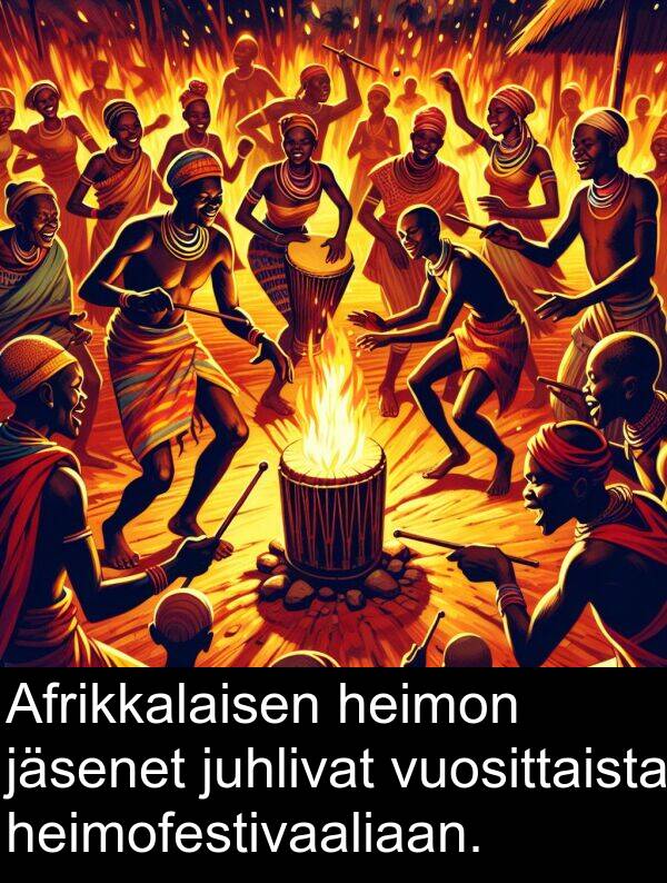 vuosittaista: Afrikkalaisen heimon jäsenet juhlivat vuosittaista heimofestivaaliaan.