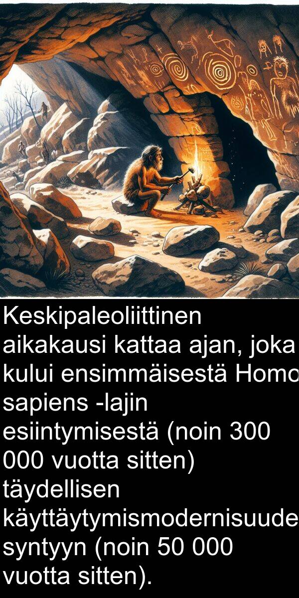 ensimmäisestä: Keskipaleoliittinen aikakausi kattaa ajan, joka kului ensimmäisestä Homo sapiens -lajin esiintymisestä (noin 300 000 vuotta sitten) täydellisen käyttäytymismodernisuuden syntyyn (noin 50 000 vuotta sitten).