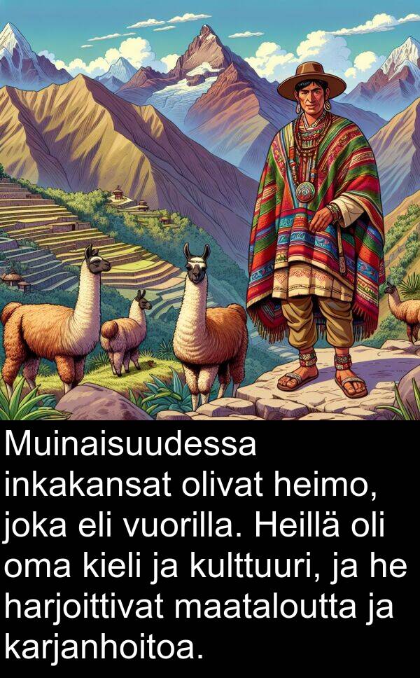 oma: Muinaisuudessa inkakansat olivat heimo, joka eli vuorilla. Heillä oli oma kieli ja kulttuuri, ja he harjoittivat maataloutta ja karjanhoitoa.