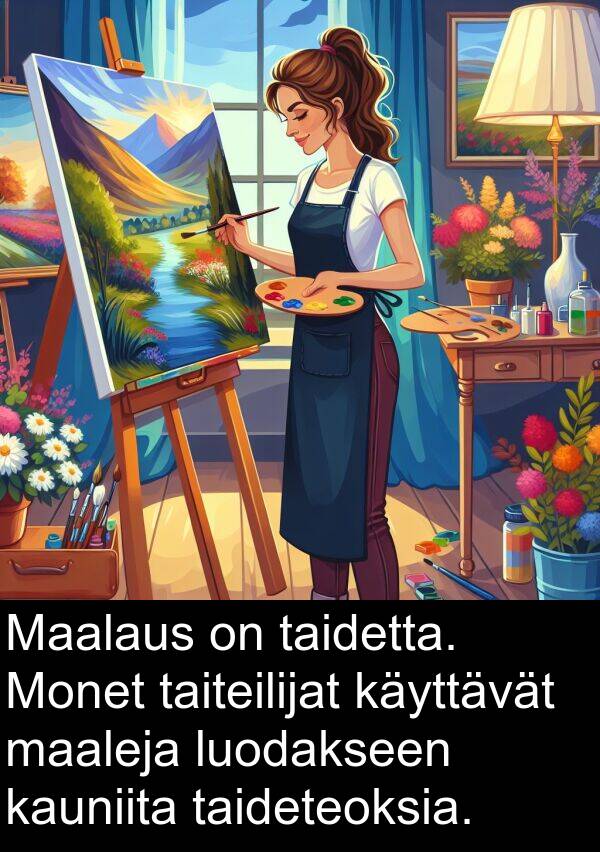 maaleja: Maalaus on taidetta. Monet taiteilijat käyttävät maaleja luodakseen kauniita taideteoksia.