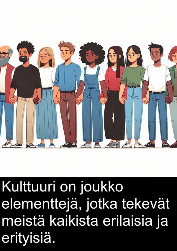 erilaisia: Kulttuuri on joukko elementtejä, jotka tekevät meistä kaikista erilaisia ja erityisiä.