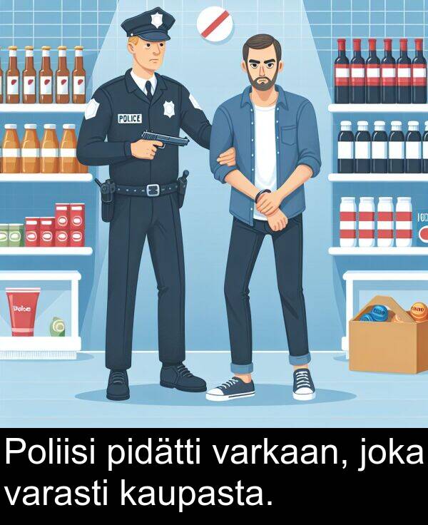 pidätti: Poliisi pidätti varkaan, joka varasti kaupasta.