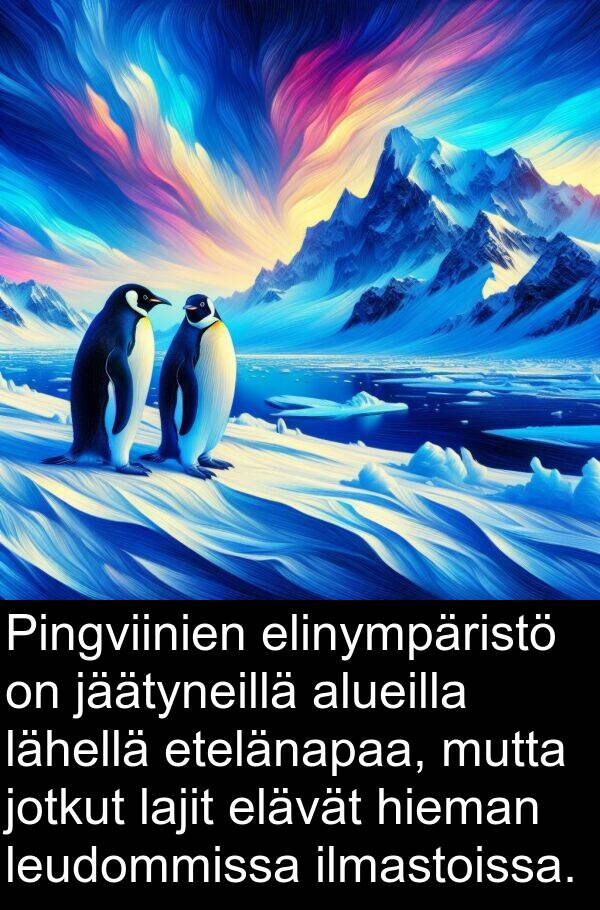 jäätyneillä: Pingviinien elinympäristö on jäätyneillä alueilla lähellä etelänapaa, mutta jotkut lajit elävät hieman leudommissa ilmastoissa.