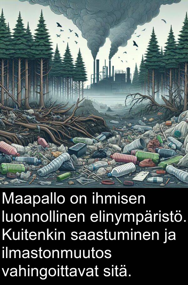 saastuminen: Maapallo on ihmisen luonnollinen elinympäristö. Kuitenkin saastuminen ja ilmastonmuutos vahingoittavat sitä.