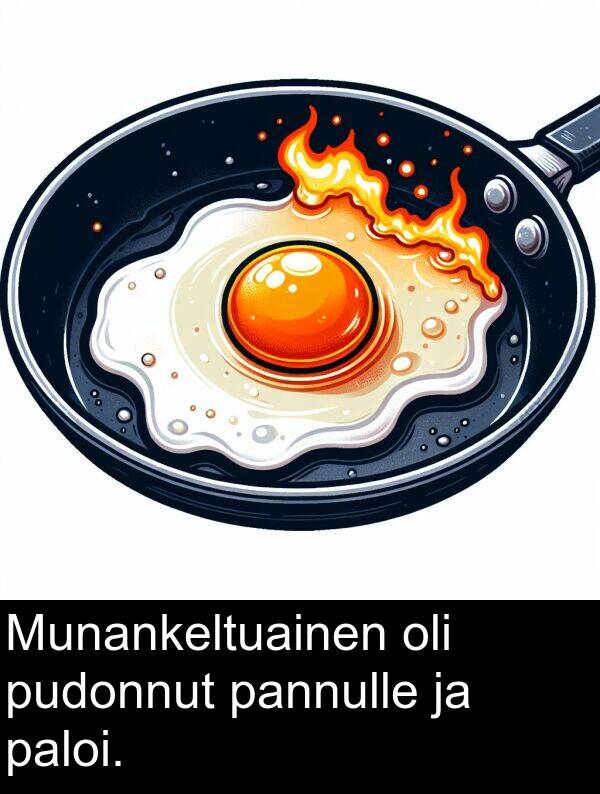 pannulle: Munankeltuainen oli pudonnut pannulle ja paloi.