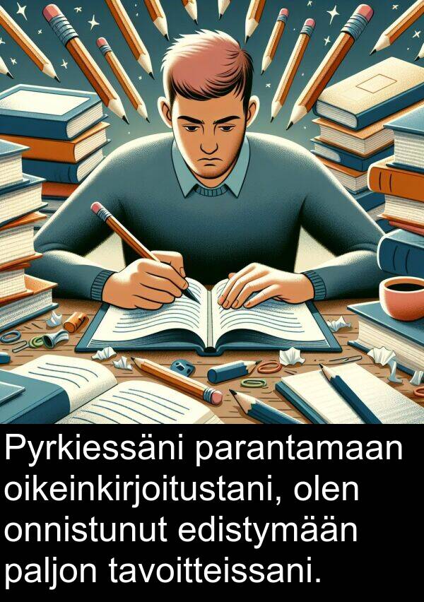 oikeinkirjoitustani: Pyrkiessäni parantamaan oikeinkirjoitustani, olen onnistunut edistymään paljon tavoitteissani.